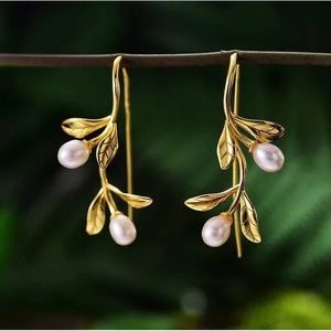 Olive leaf drop gold pearl earrings